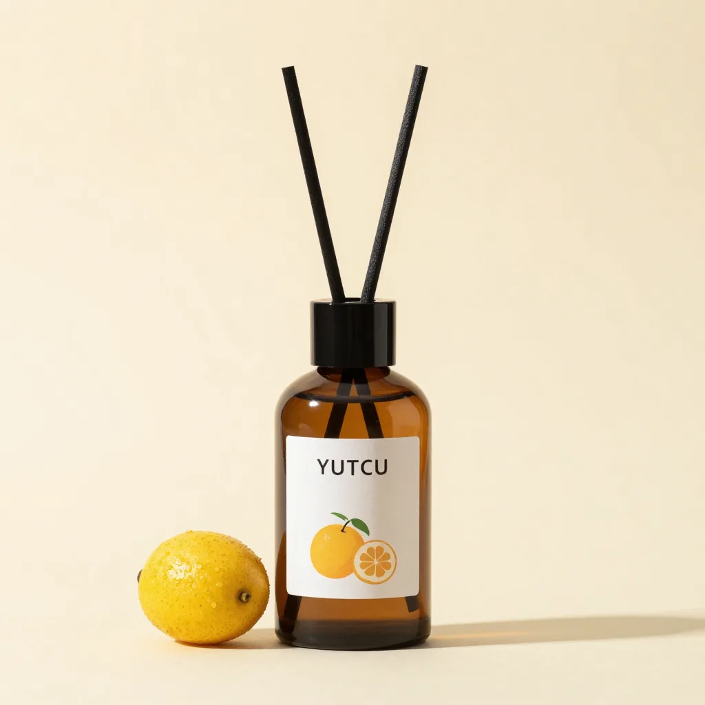 A bottle of yuzu diffuser blend on a light background