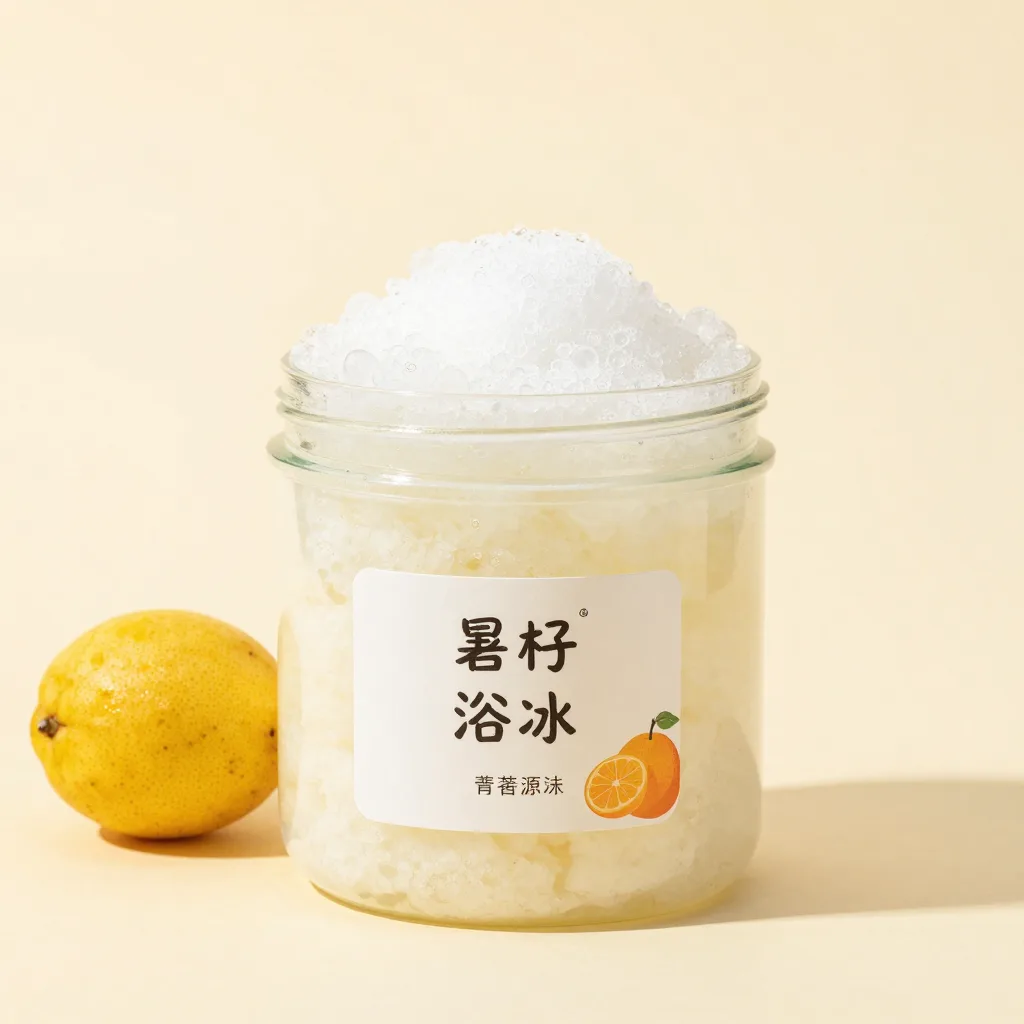 A jar of yuzu bath soak on a light background
