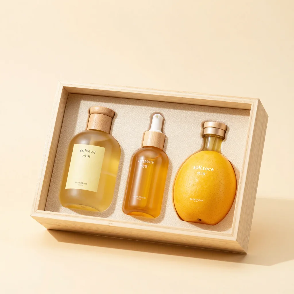A solstice gift set of yuzu products in a wooden box on a light background