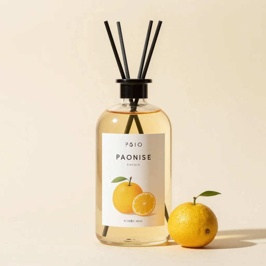 A large bottle of yuzu diffuser blend on a light background